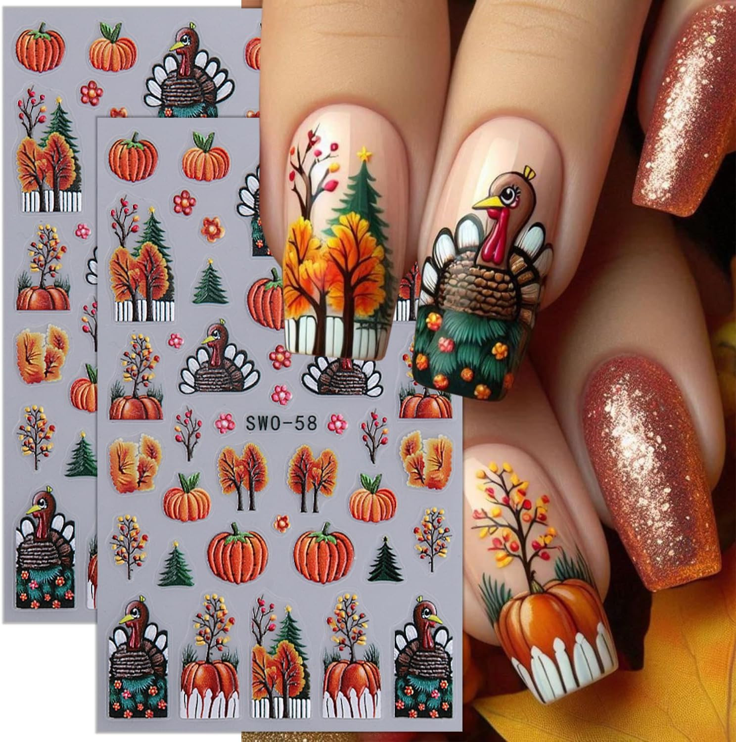 2 Sheets Thanksgiving Nail Stickers for Nail Art 5D Self-Adhesive Fall Nail Art