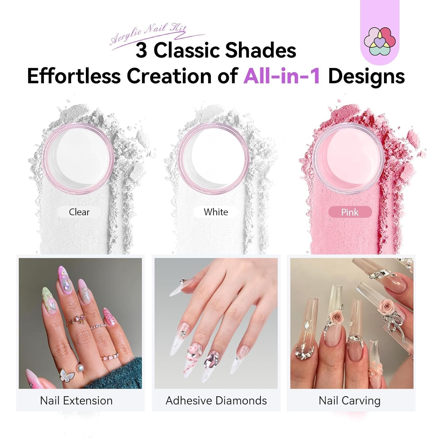 Professional Acrylic Nail Kit with 3 Powders & 88W Lamp – Perfect for Beginners