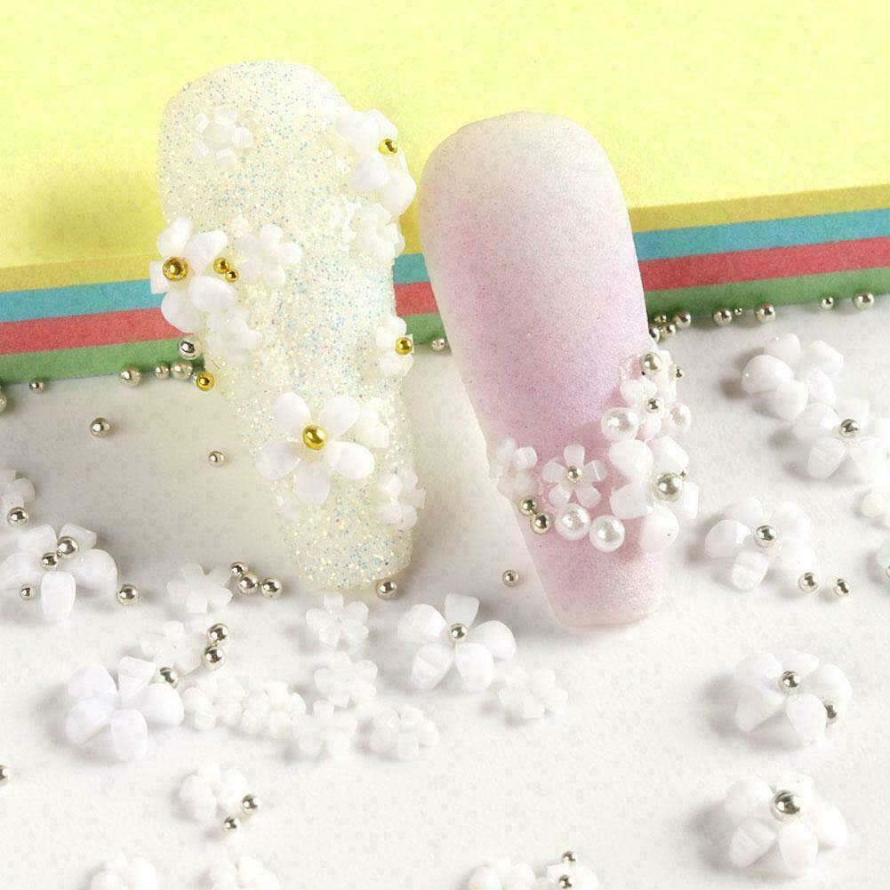 Nail Art 200Pcs Silver Gold Beads Flowers Crafts Gems Stones 3D Nail Decoration