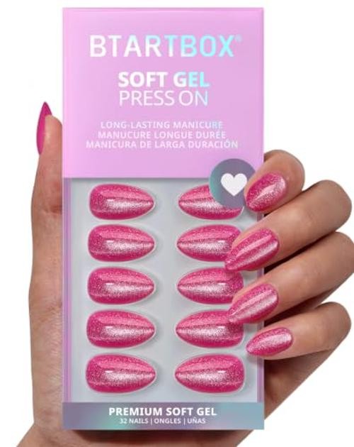 Press On Nails Almond, Short, Glitter Pink, 32Ct | 2+ Week Wear, Stardust Pink