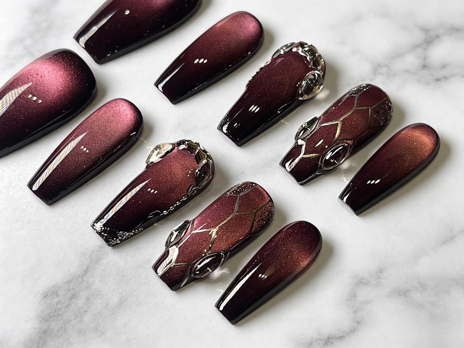 Custom Handmade Pink Purple Cat Eye Rhinestone Snake Scale Square Press on Nails