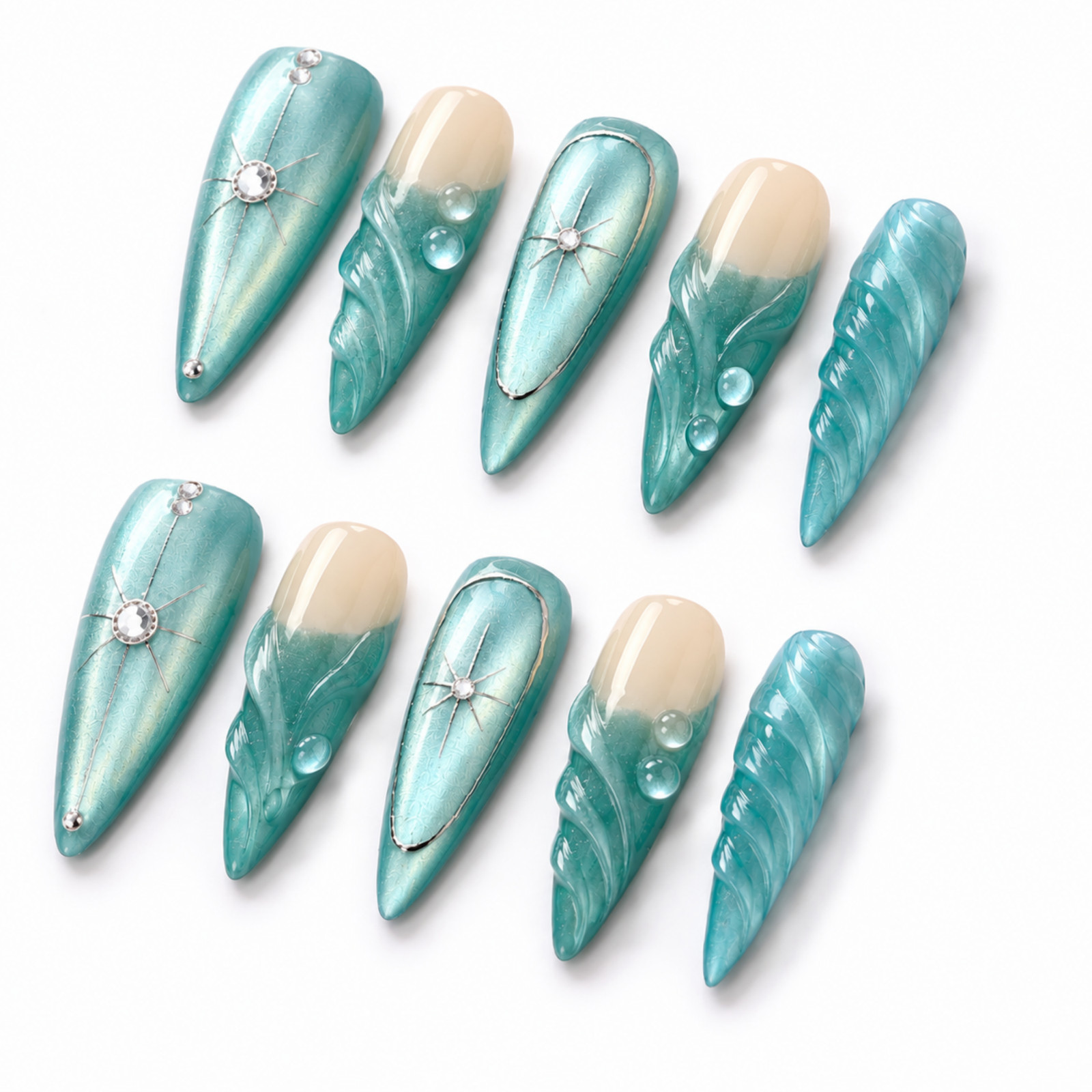 Handmade Aqua Teal Nude 3D Wave Press On Nails Rhinestone Custom Set