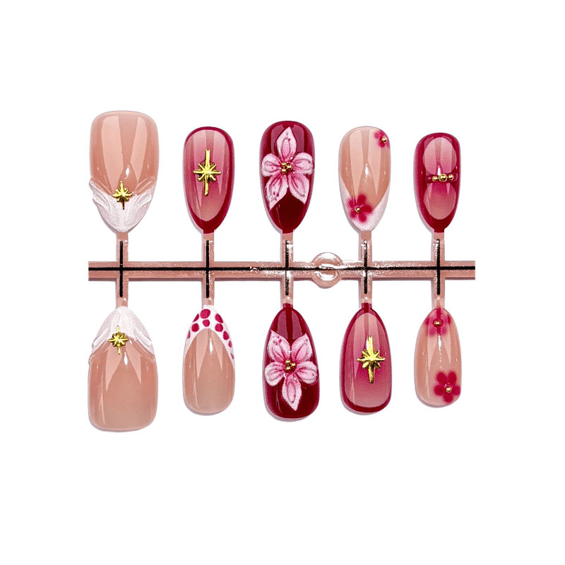 30pcs-Red Pink Ombre Almond Press on Nails 3D Flower Gold Star Rhinestones