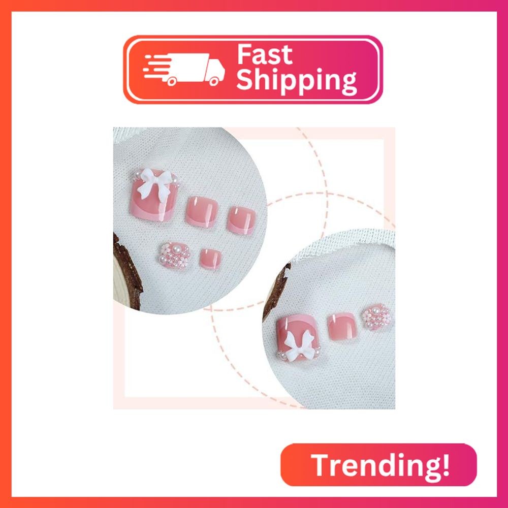 24Pcs Summer Press on Toenails Pink Nail Tip Fake Toe Nails 3D White Bow & Pearl