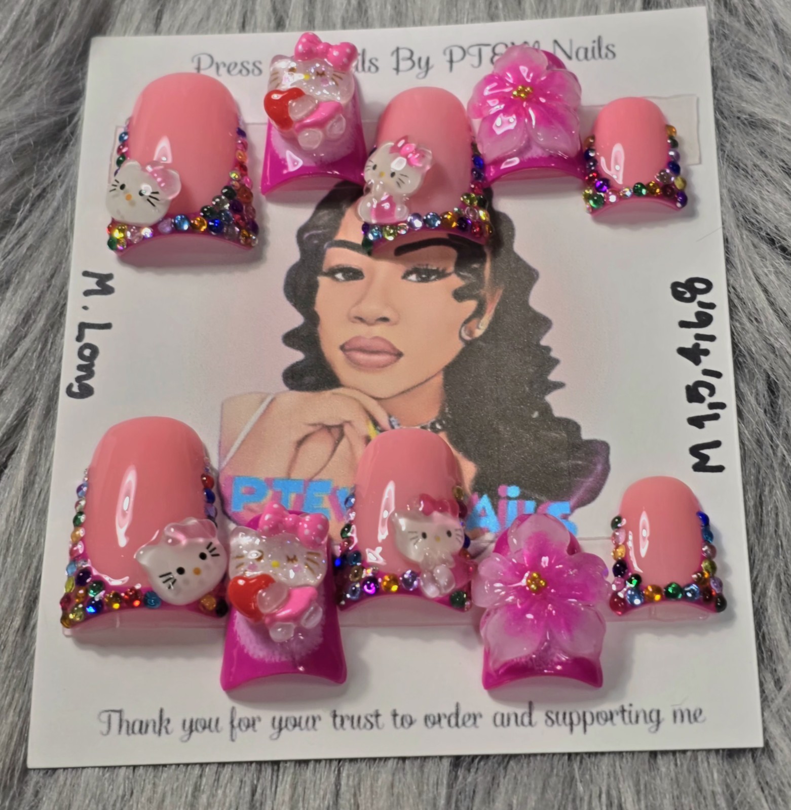 Handmade Press On Nails,LuxuryKitty Pink,Medium Size 1,5,4,6,8 M.Long Duck Shape