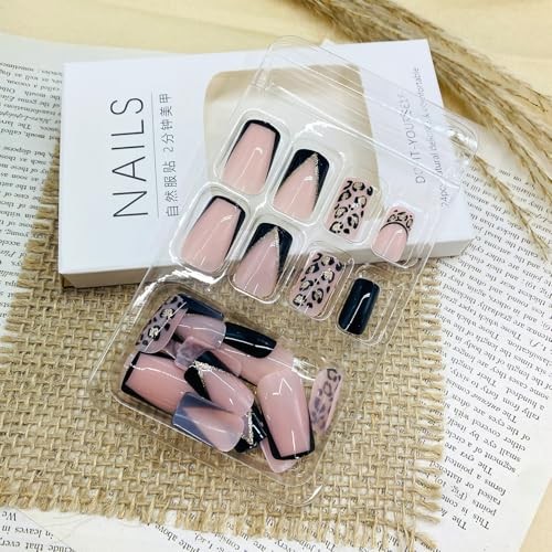 French Tip Press on Nails Leopard Medium Square False Leopard Black French Tip