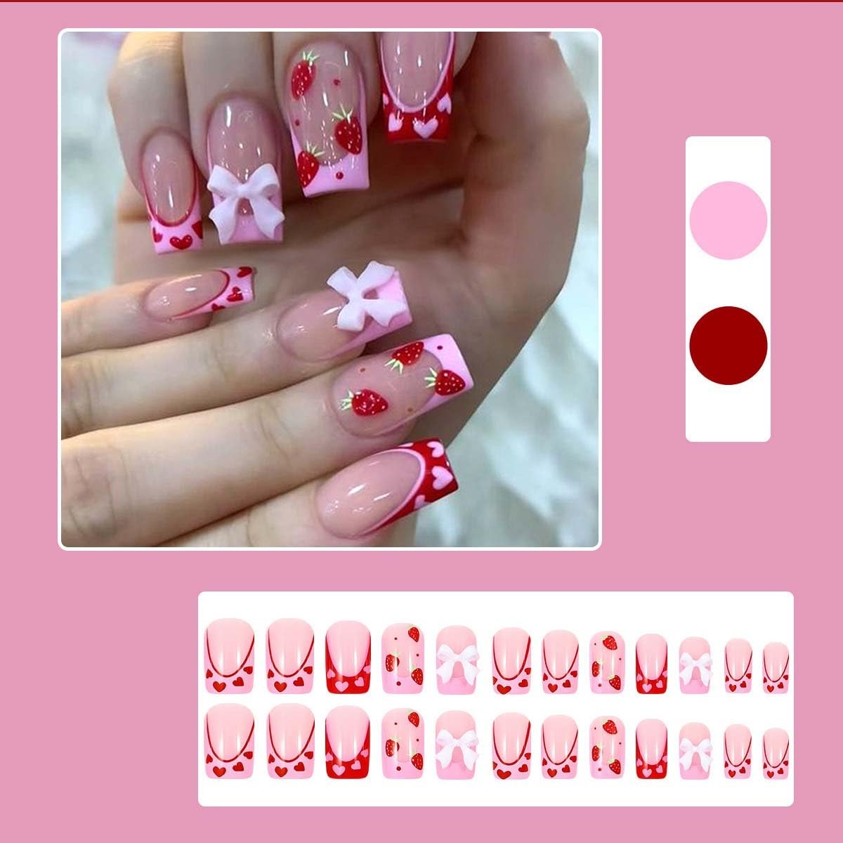 24Pcs French Tip Press on Nails Medium Square with Heart Design Fake Nails 3D…