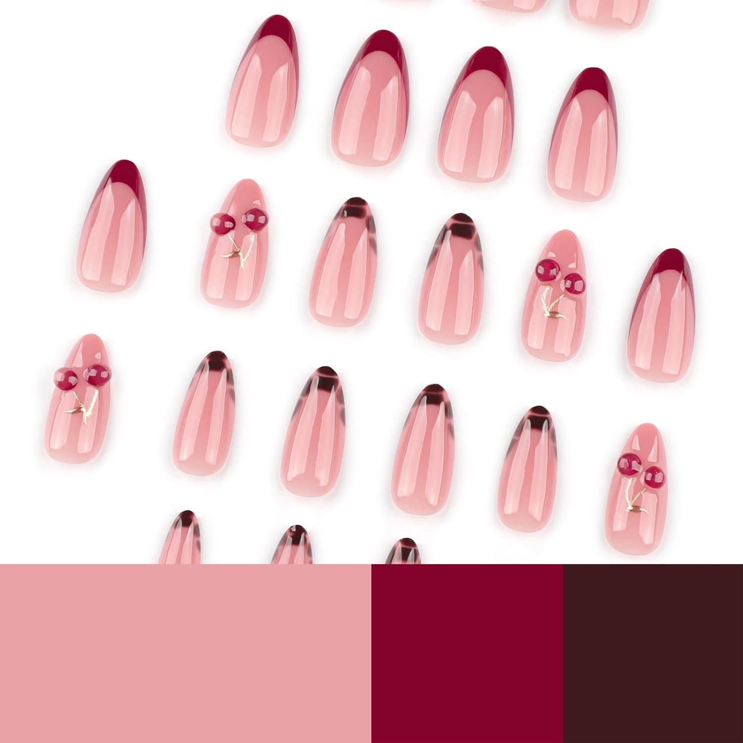 Medium Press On Nails Almond – 3D Cherry Design with Gold Branch, Red French …
