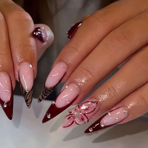 Long Press on Nails Stiletto Fake Nails French False Nails Brown B01-15
