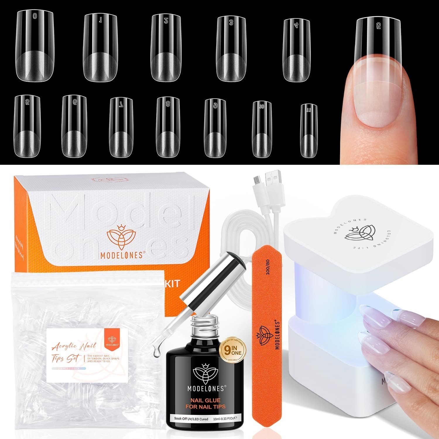 Gel X Nail Kit, Gel x Nail Tips Medium Square, 9-in-One Nail Glue & Portable U V