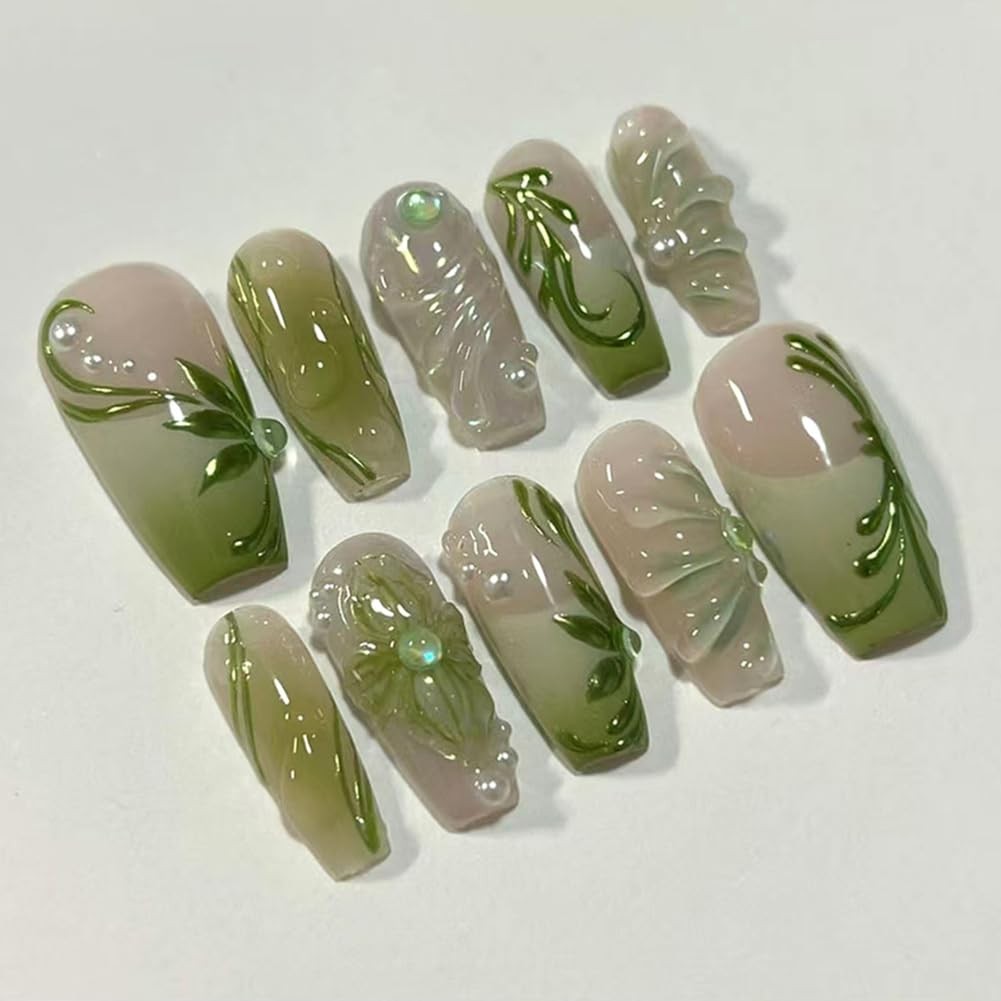 Nails Press on, Coffin Press on Nails Medium Girls Fake Nails with Green Vine…