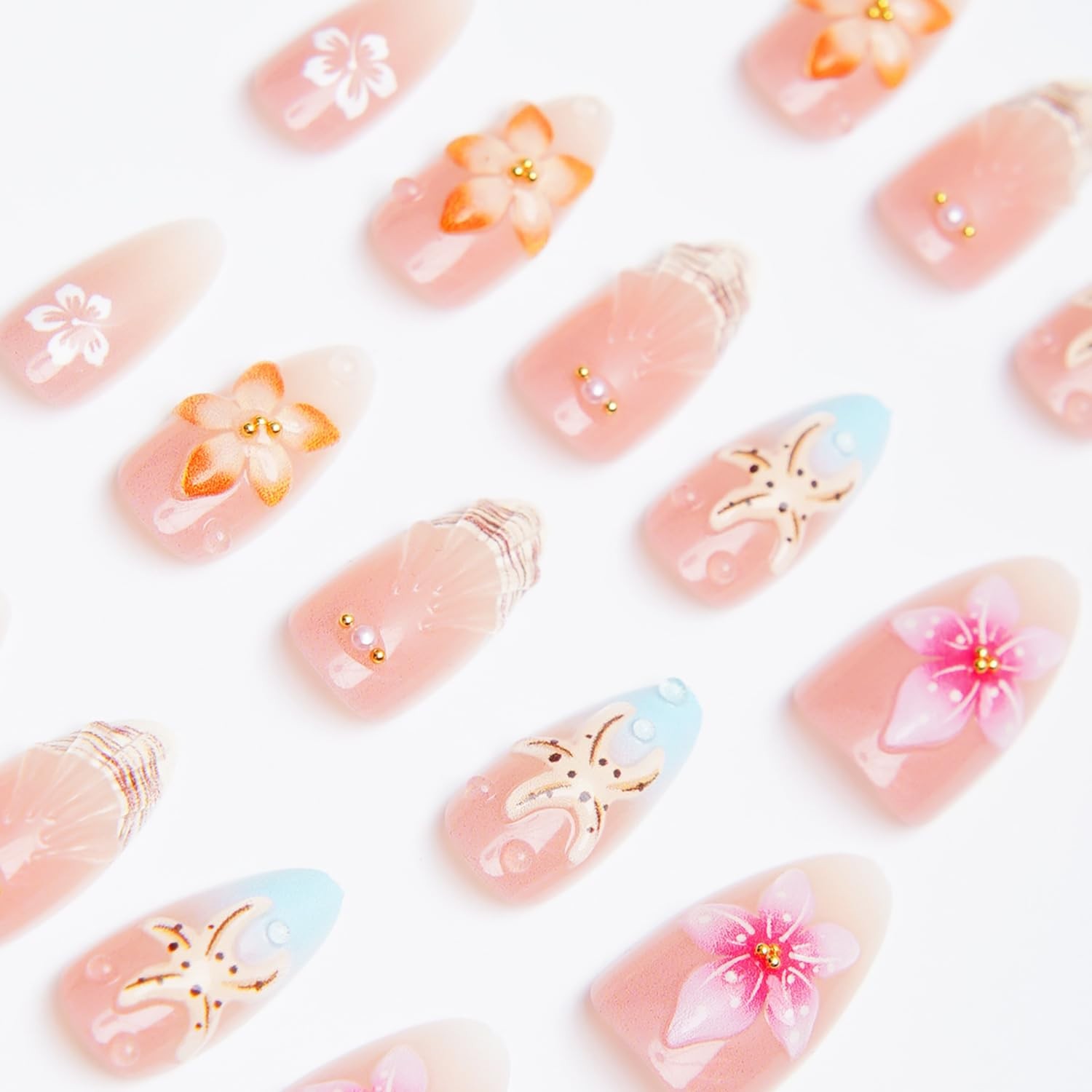 FDSQHSA french tip almond nails 3d flower star