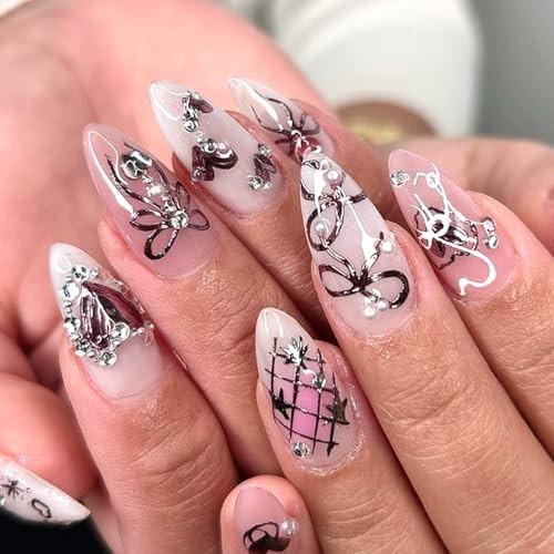 Pink Press on Nails Short Almond Fake Nails 3D Heart Pearl Bow Fake Nails-1