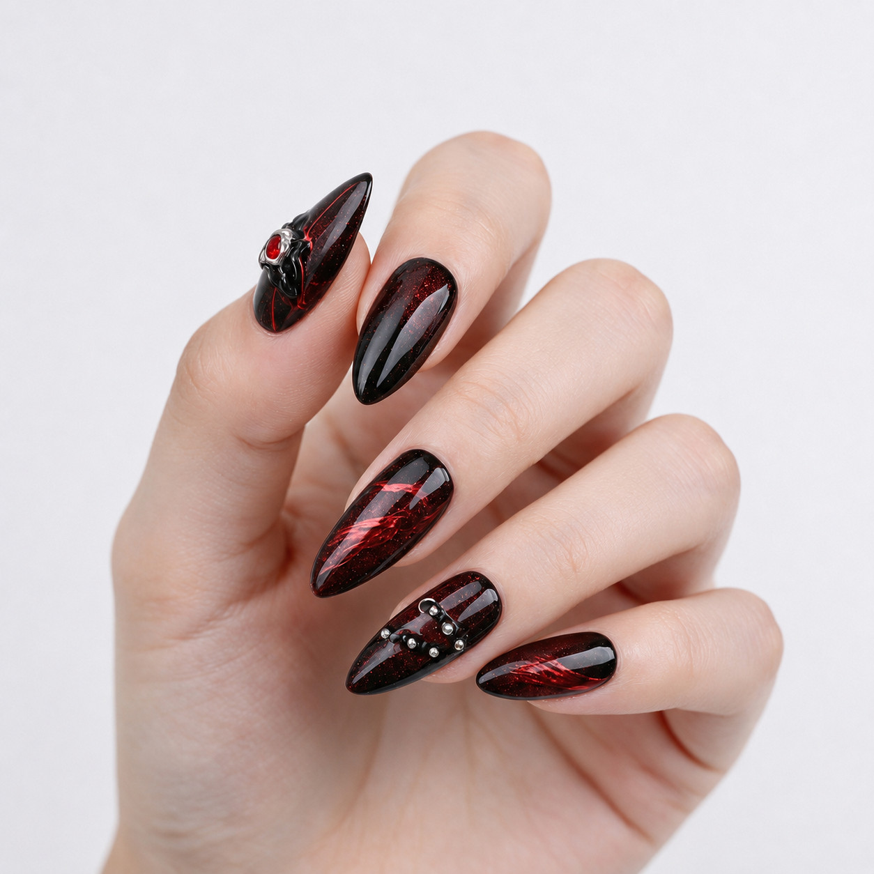 Press On Nails Medium Almond Black Red Cat Eye Rhinestone Gothic Halloween Nails