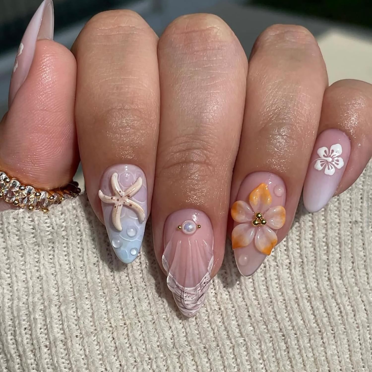 FDSQHSA french tip almond nails 3d flower star
