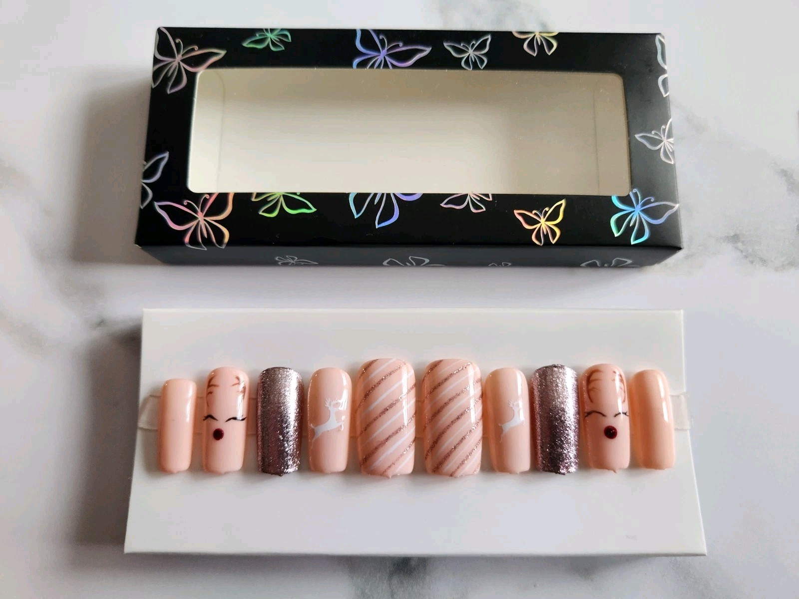 Holiday Press-On Nails Set. 1 Full Set. 10 Pcs. Hand Painted!!! New.