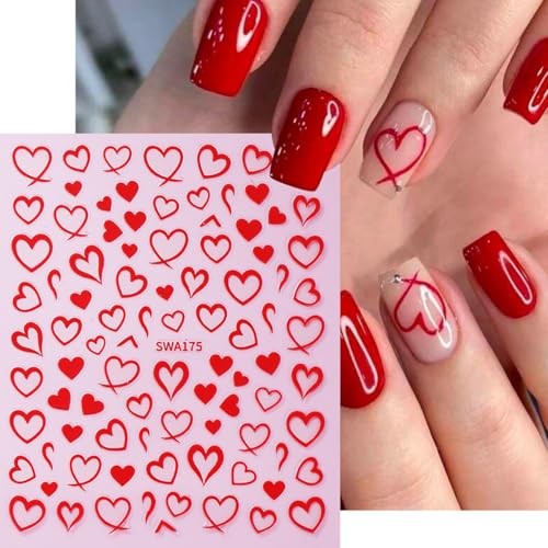Valentines Nail Stickers for Nail Art Empty Heart Nail Decals 6PCS Red