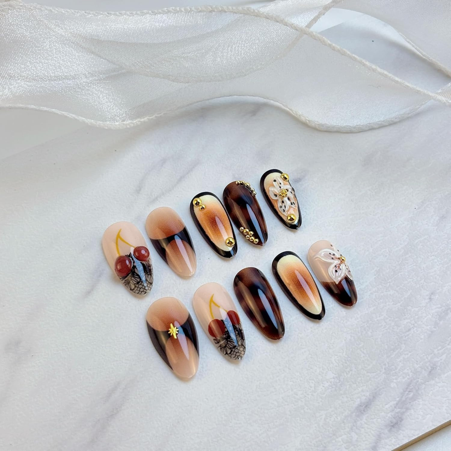 24Pcs Brown Flower Press on Nails Medium Almond Fake Nails 3D Cherry Floral Desi
