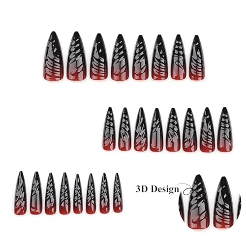 Press on Nails – Long Stiletto Glue on Nails with Goth Red 06102Red&Black
