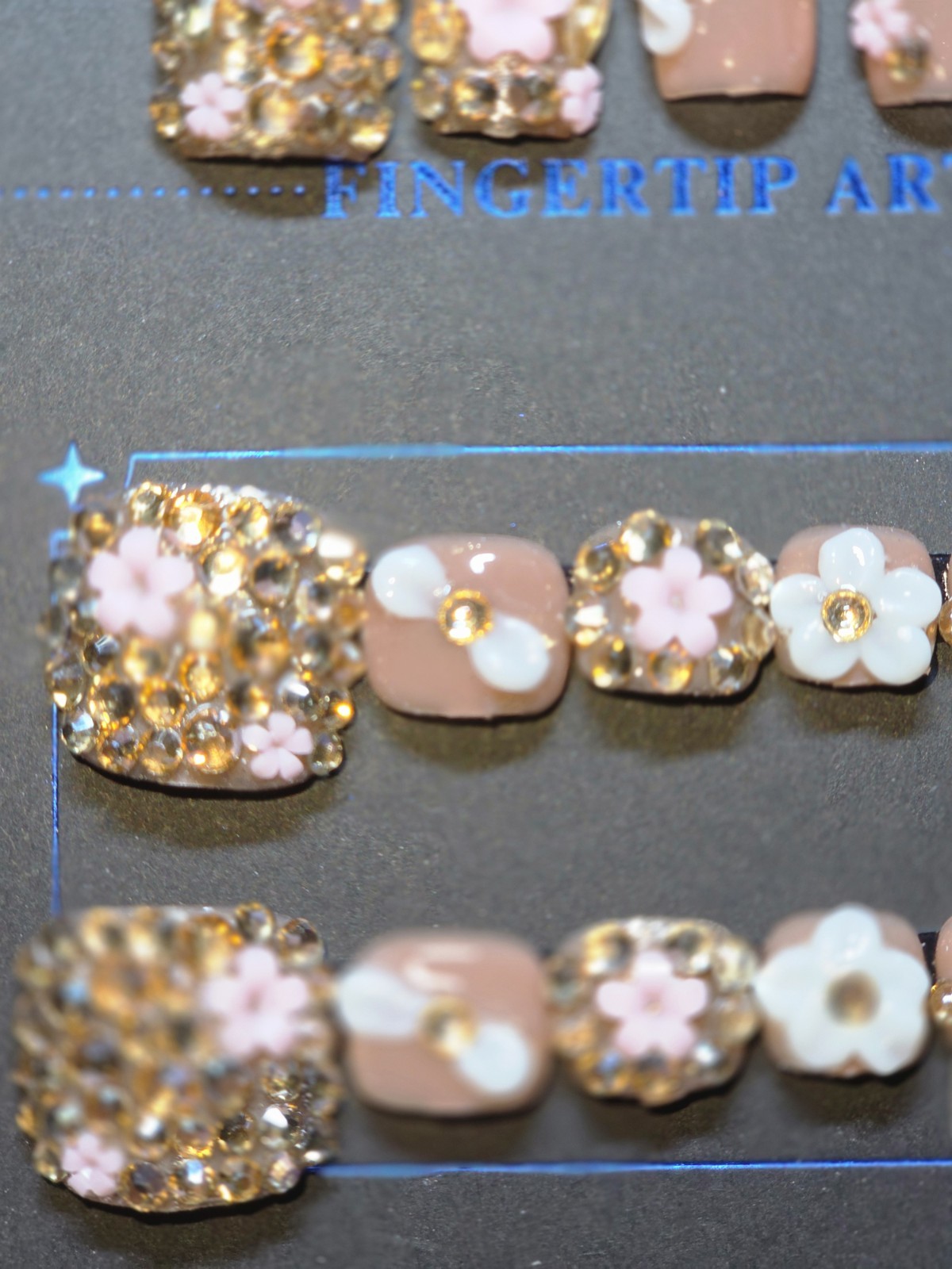 Press-On Nails Handmade Large Square Gold rhinestones matchin toenail set
