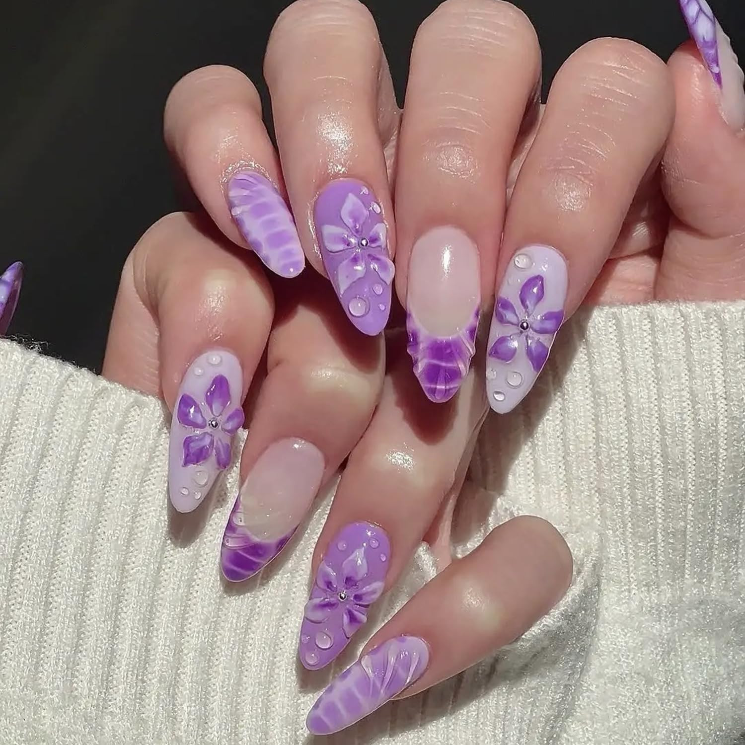 30Pcs Purple Flower Press on Nails Medium Almond Fake Nails with 3D Hibiscus Flo
