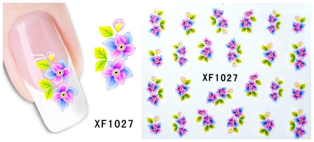 Nail Art Water Transfer Sticker Decal Stickers Pretty Flowers Pink Blue XF1025