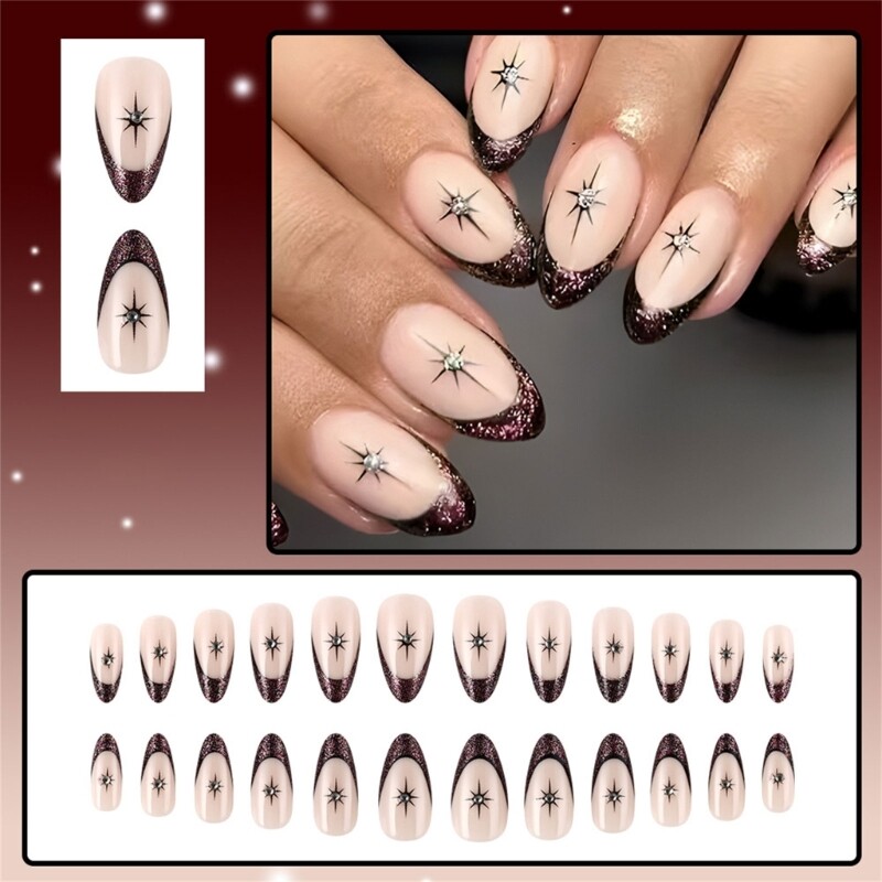 24 Pieces Short Length Almond Press On Nail Glitters Star Designs French Tip
