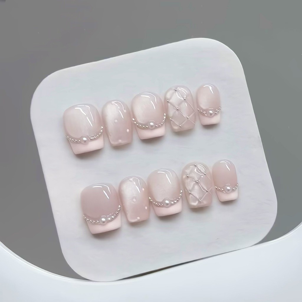 10pcs Handmade Press on Nails Plaid Pearl French Cat’s Eye Aurora False Nails