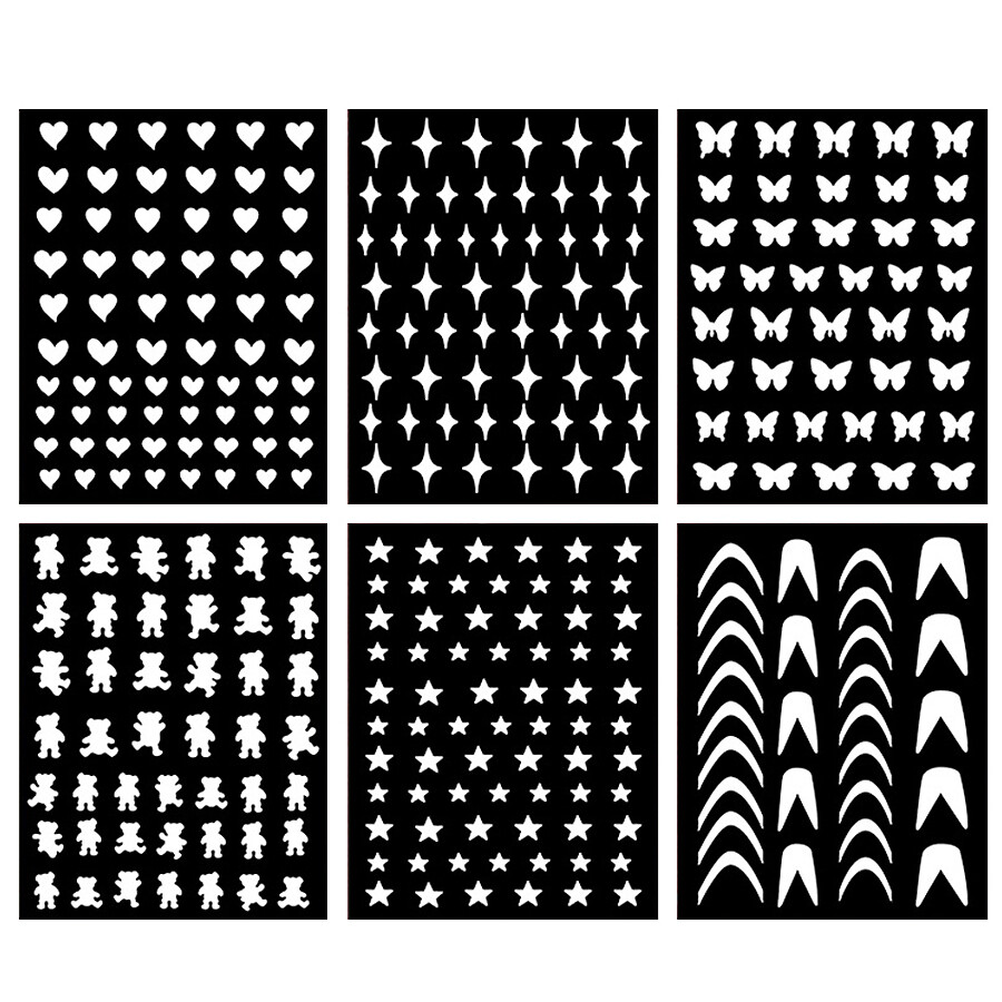 6Pcs Set Nail Art Airbrush Stencils, Spray Templates, Cute Hollow Nail Stickers