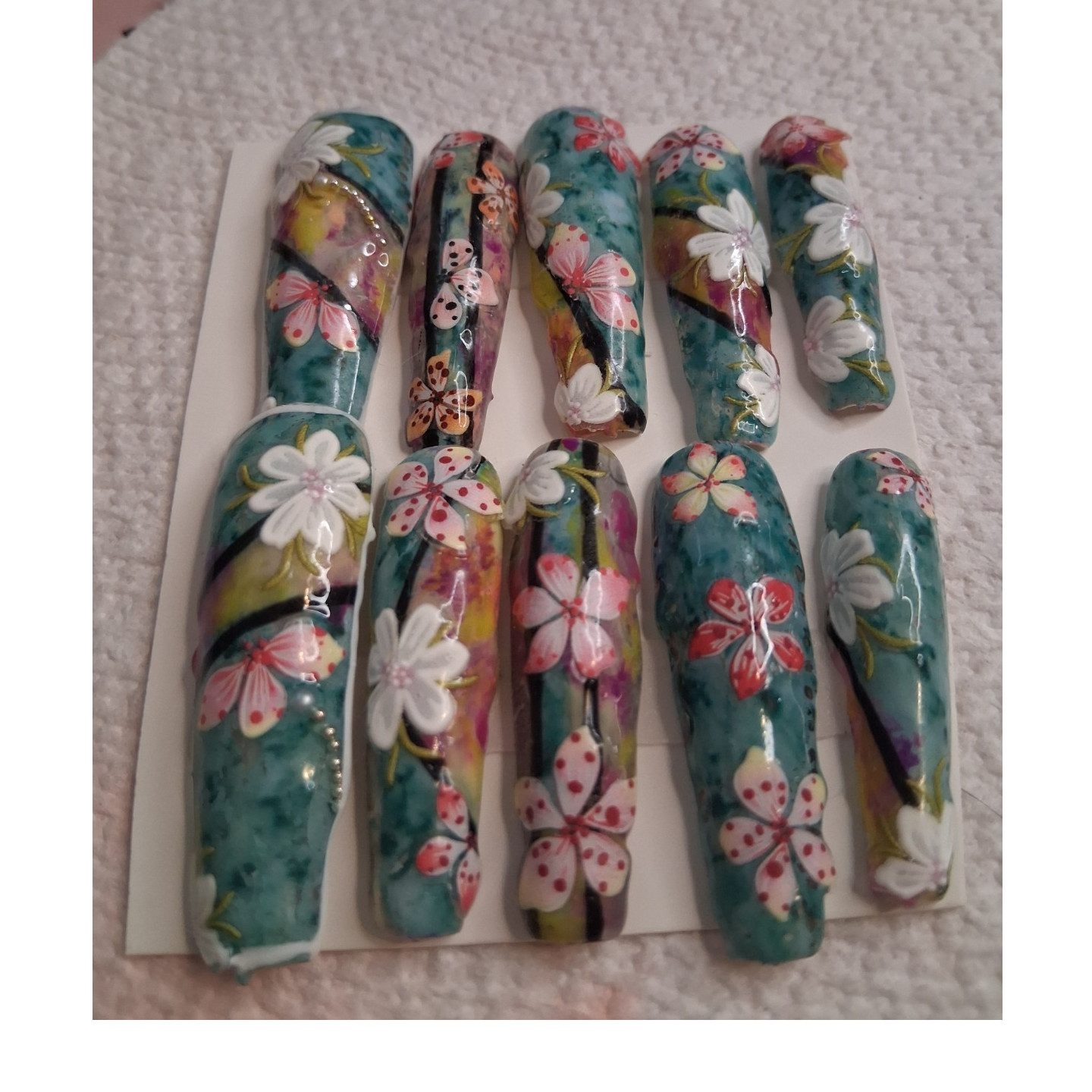 homemade blue pink floral 3D long coffin full cover pre-designed press-on nails…