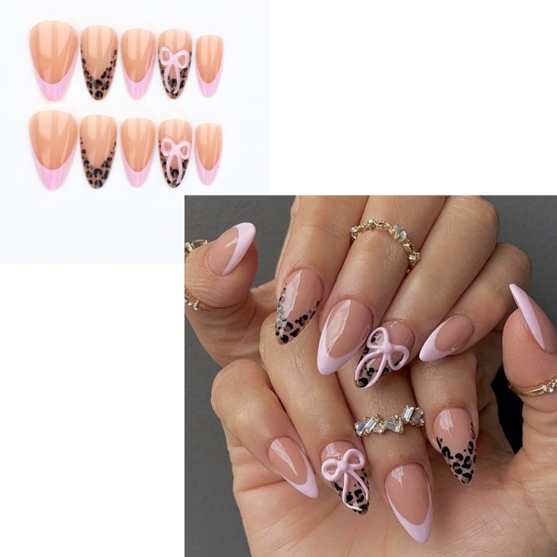 Sweet Edgy 3D Bows Leopard Print French Press On Nail ABS Material For Party