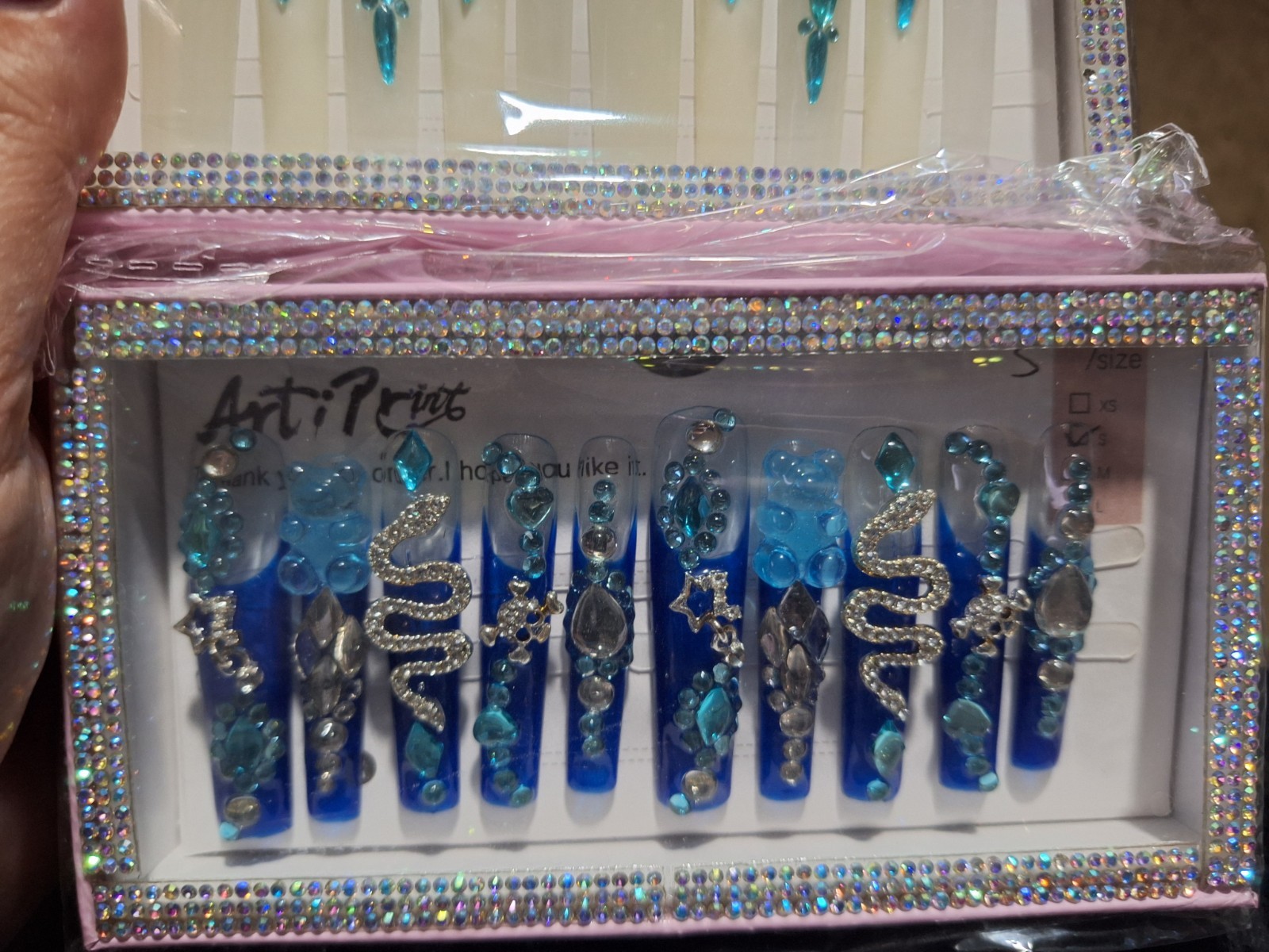 ArtiPrint Long Coffin Press-On Artificial Nails White/Blue 3D Snake Full Cover