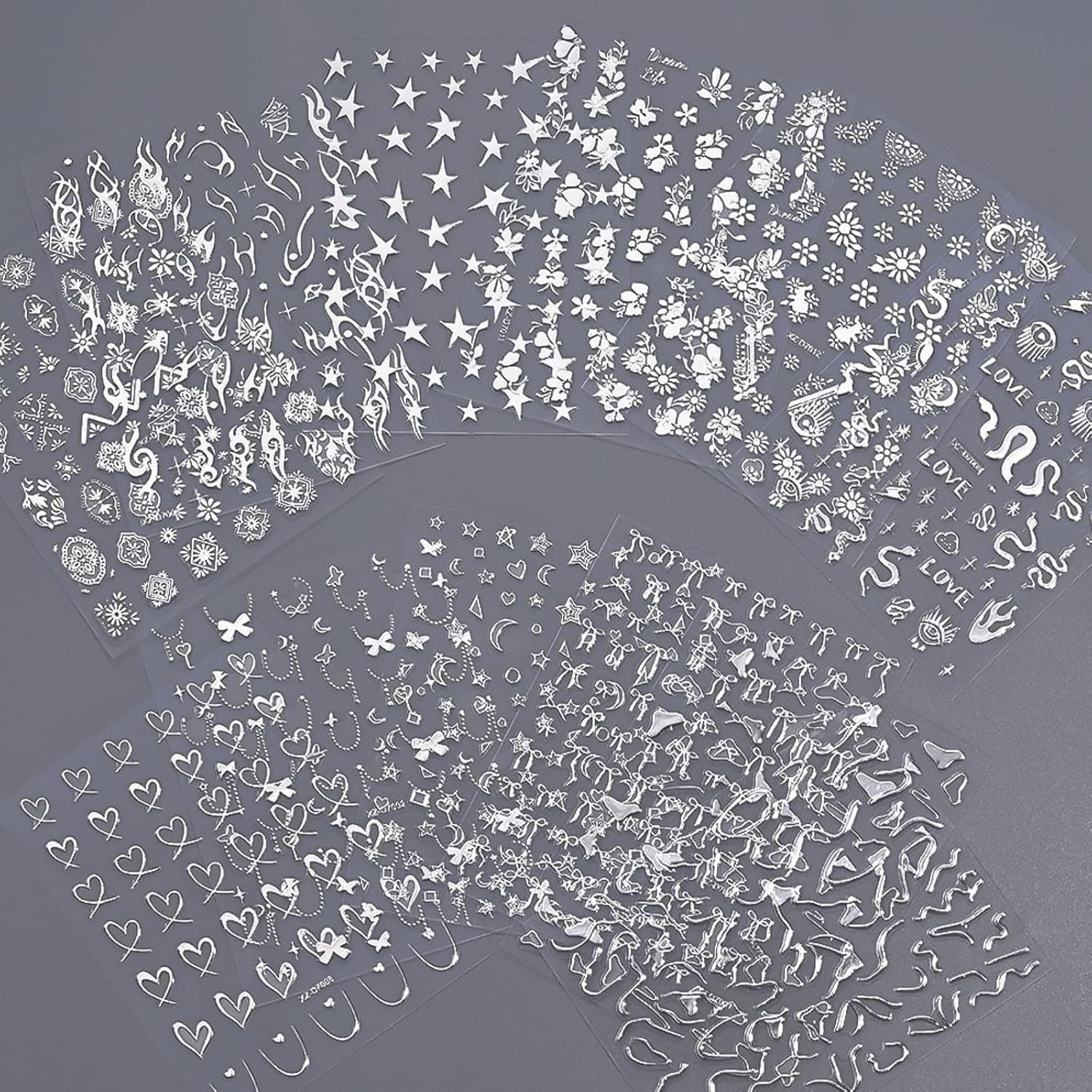 12 Sheets Silver Nail Art Stickers, 3D Self-Adhesive Bronzing Sun Moon Stars Bow