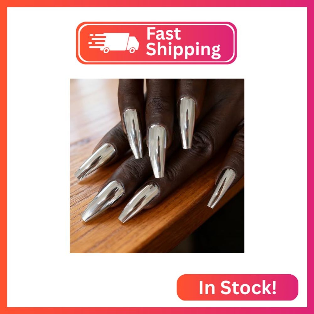 iMABC Silver Punk Metallic Press On False Nails Long Coffin Ballerina Chrome Mir