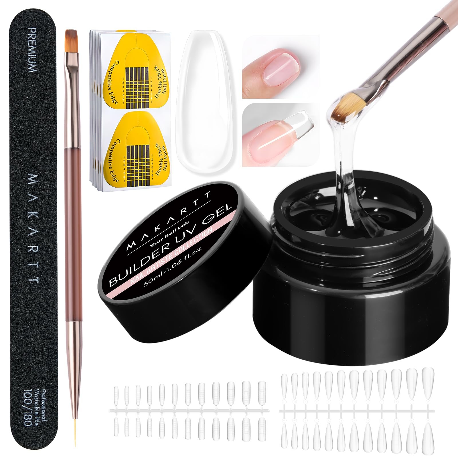 Clear Gel Builder Kit – Hard Extension Gel with Forms, File & Brush 1.06oz