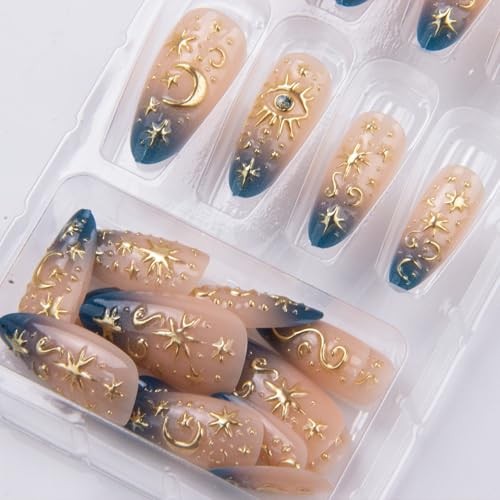 Gold Star Press on Nails Medium Almond Fake Nails Blue Ombre False Style 7