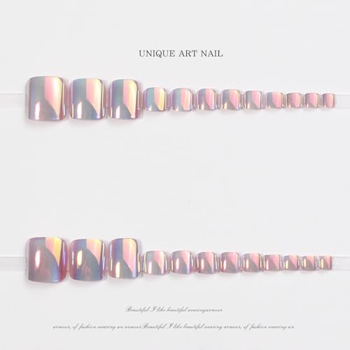 Short Press on Toenails Cat Eye Toe nails Press ons Pink Fake Pink Chrome