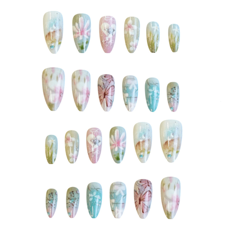 48Pcs Almond Pastel Floral Butterfly Press on Nails Sweet Daily Casual Nails