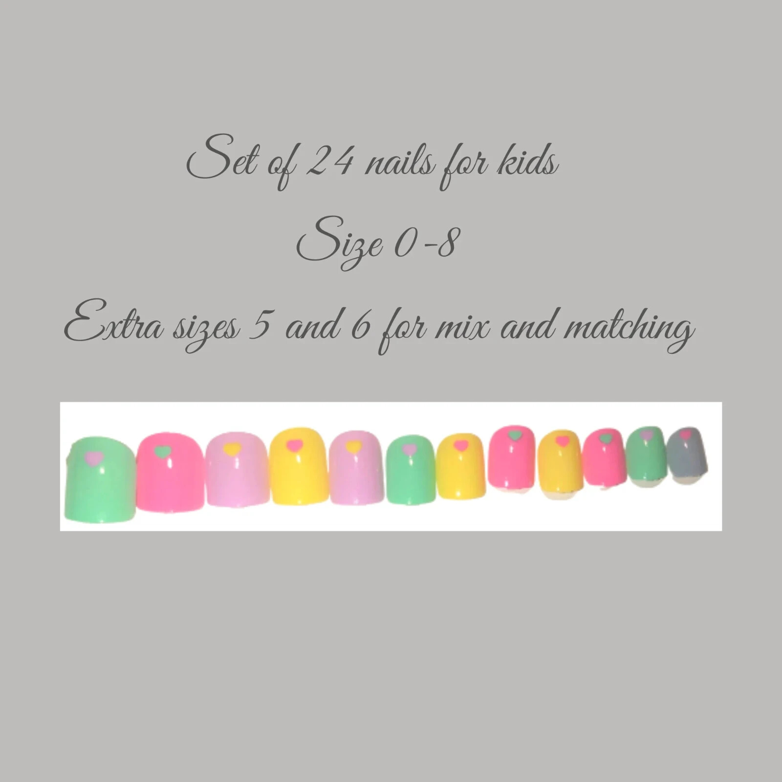 Multi Colour with Hearts – Mix and Match Kids Press-On Nail Set (24 Nails)