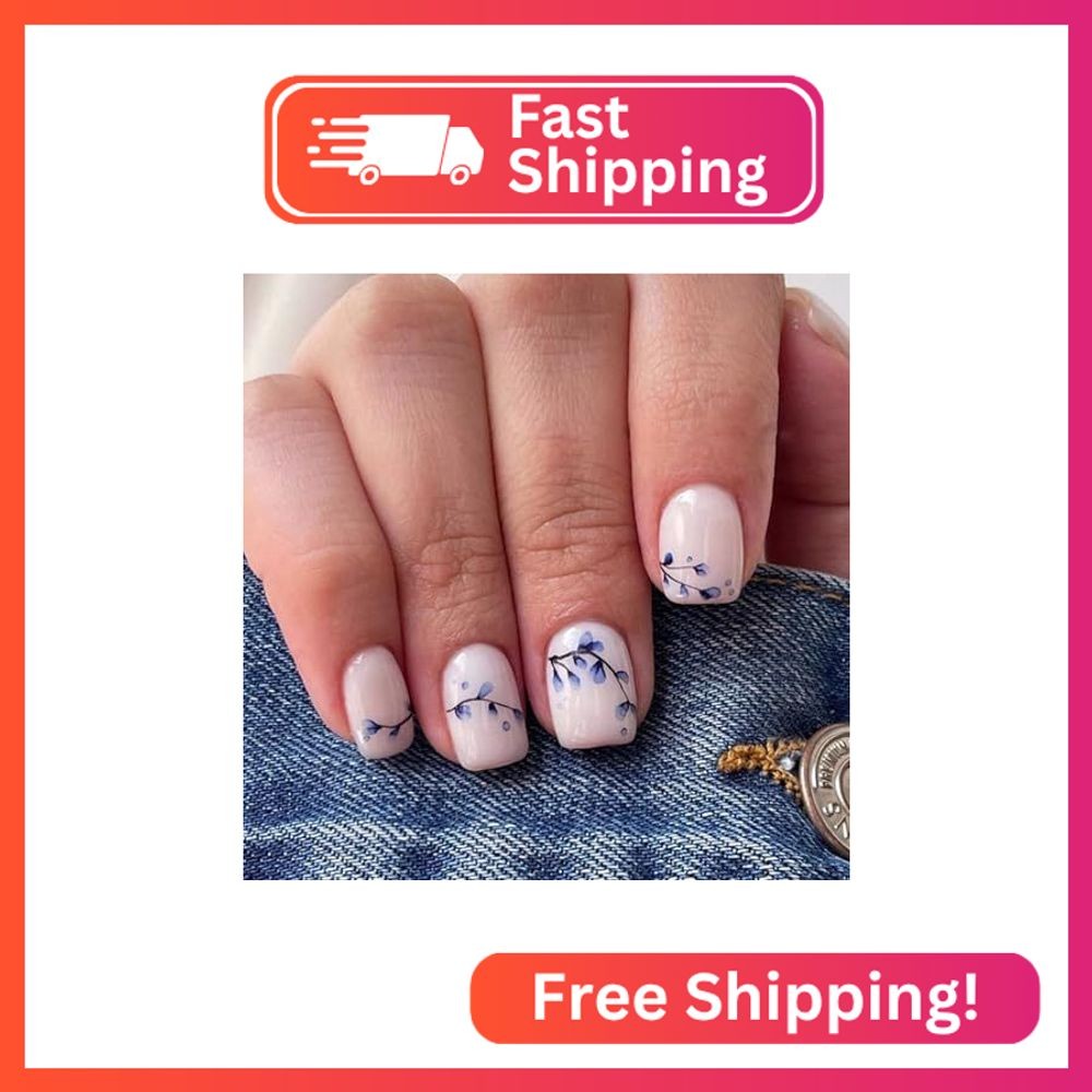 Short Press Cute Acrylic Nails – Glossy Glue on False Nails with Blue Floral Bud