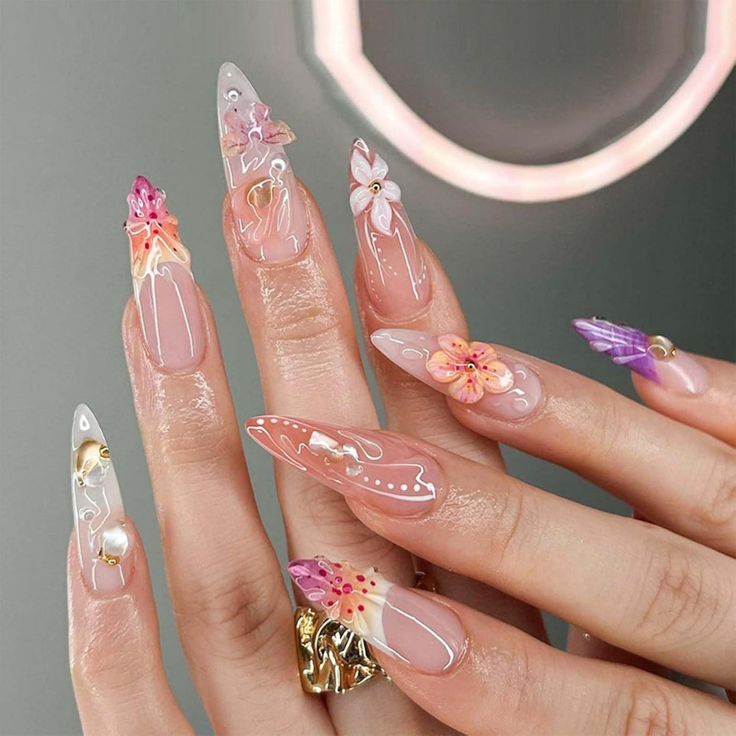 24Pcs Colorful Flower Press on Nails Medium Almond Fake Nails with 3D Butterfly