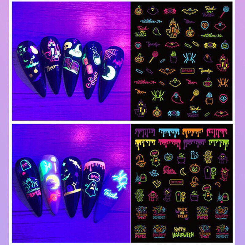 Luminous Halloween Pumpkin Ghost Skull 3D Nail Stickers Glow In Dark Decals NH16