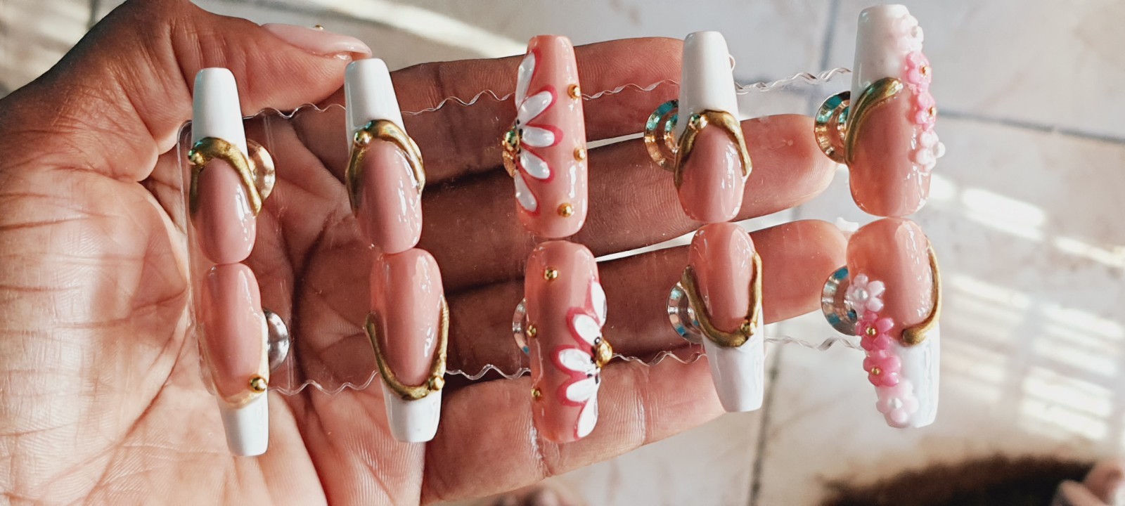 Nude 3D Floral Design Gel Nails