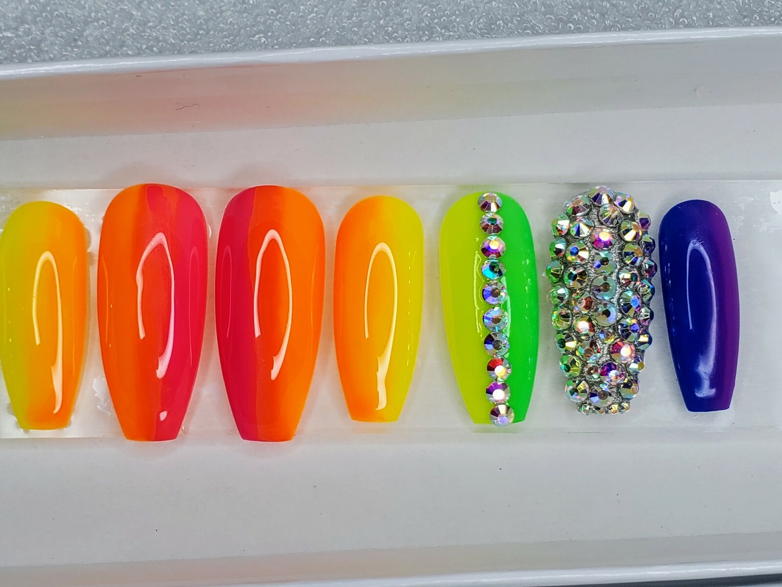 Neon Rainbow bling nails crystal pride set Press On nails diamond long coffin