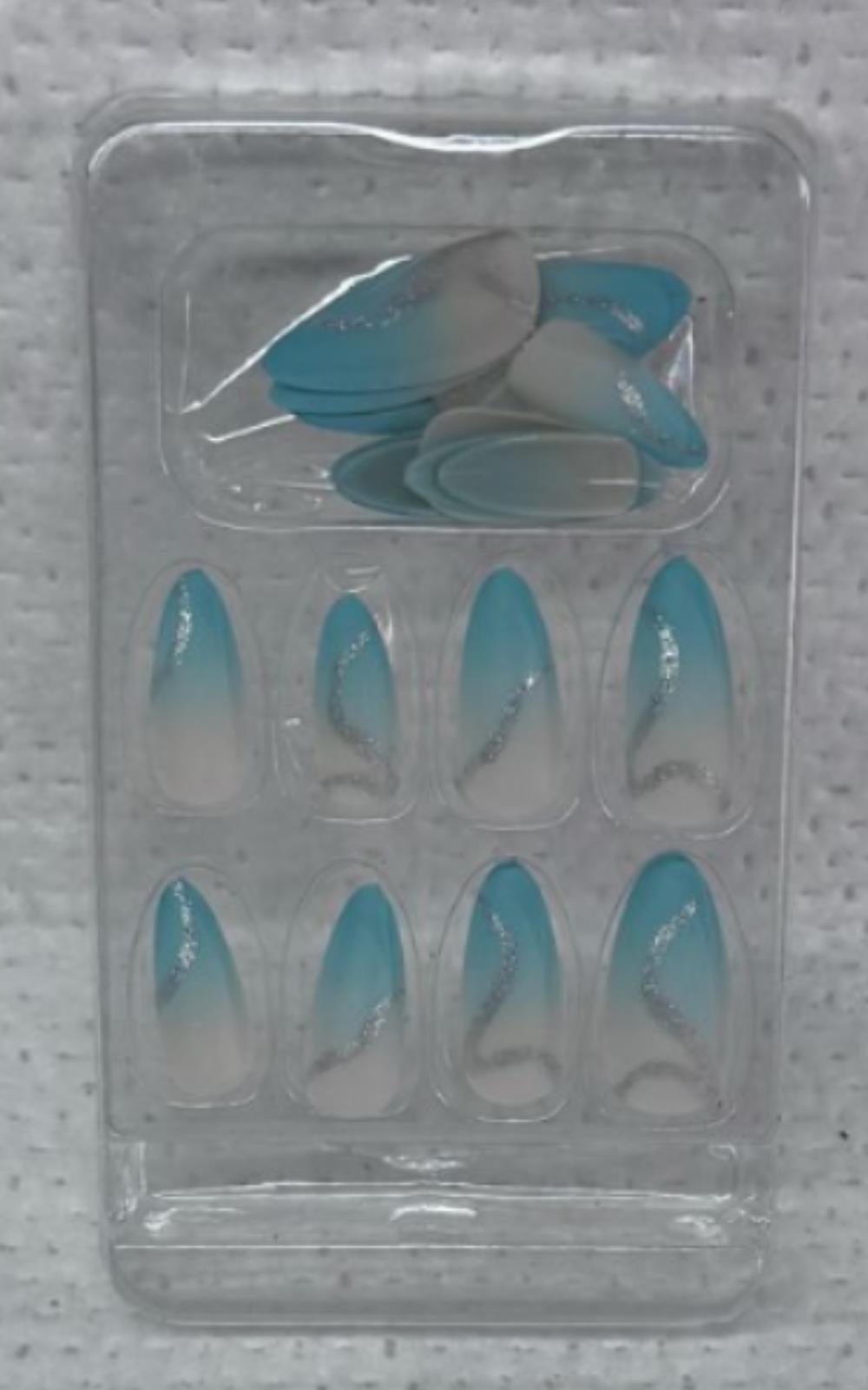 Sea Blue Press on Nails Medium Almond Fake Nails Ombre White False Nails