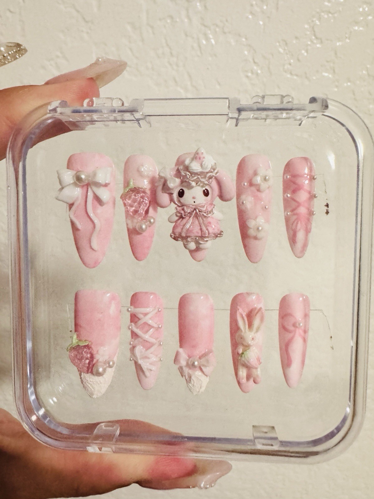 Handmade 3D My Melody Press On Nails Medium Almond Custom Fake Nails Size M