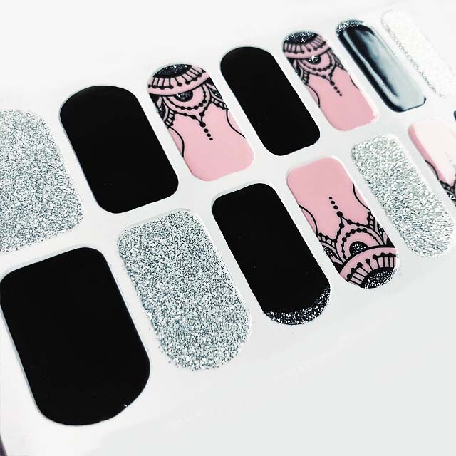 Pink Black Silver Medallion Nail Stickers, Mandala Nail Strips, DIY Home Mani