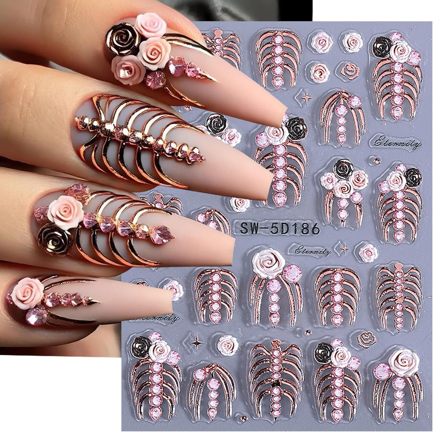 Gothic 5D Nail Art Stickers 10 PCS Embossed Skeleton Y2K Nail Decals Golden Rose