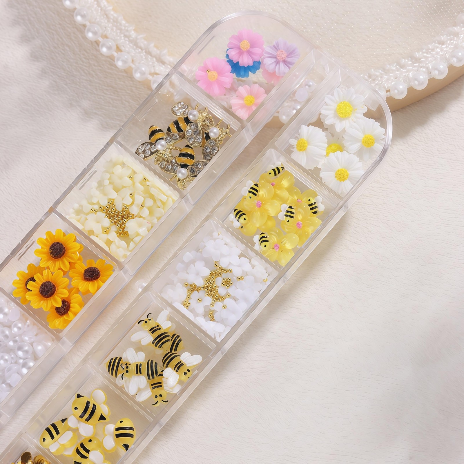 12 Grids Tiny Bee Nail Charms Resin Daisy Flower Nail Rhinestones 3D Gold All…