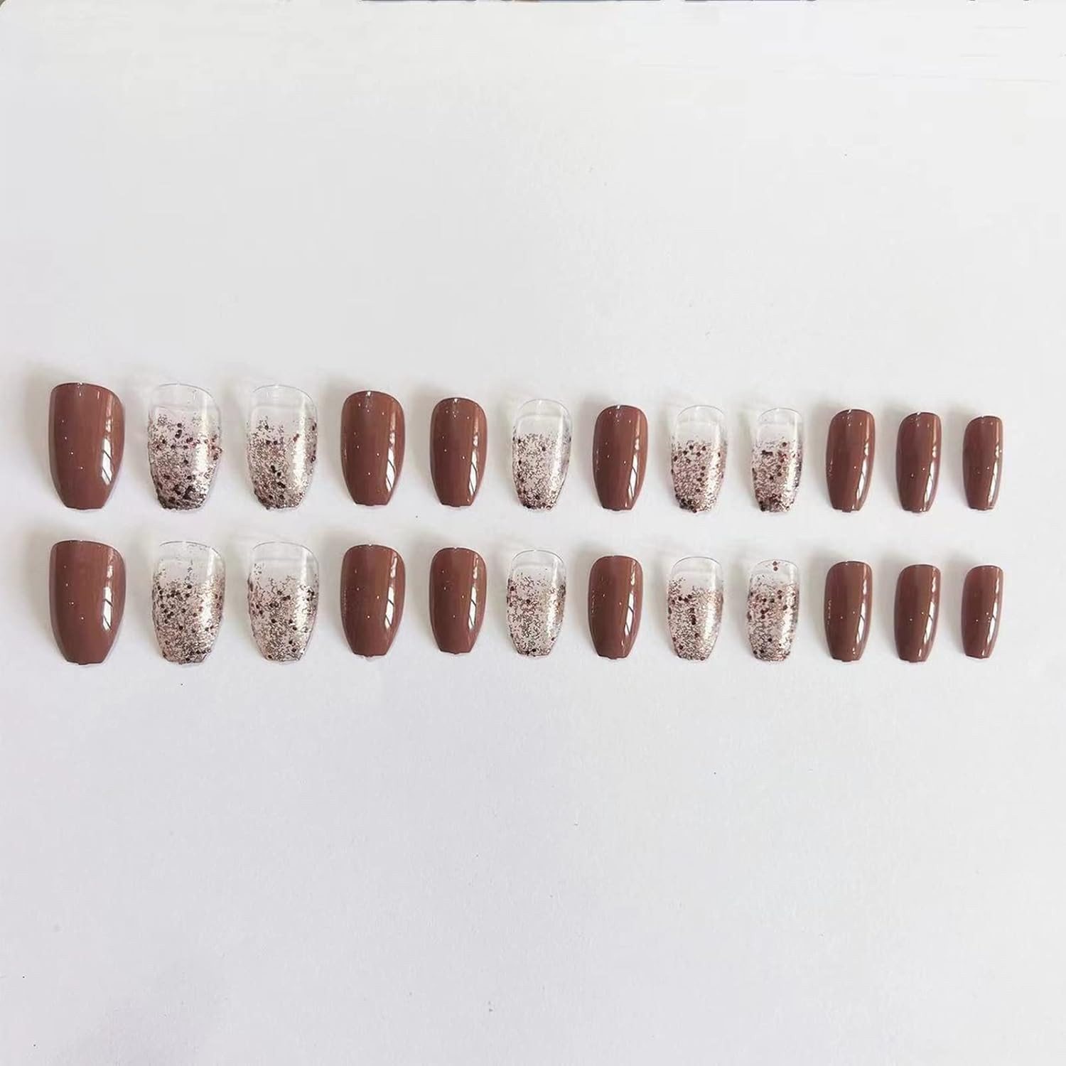 Coffin Press on Nails Medium Ballerina Glossy Glue on Nails Brown Gradient Acryl